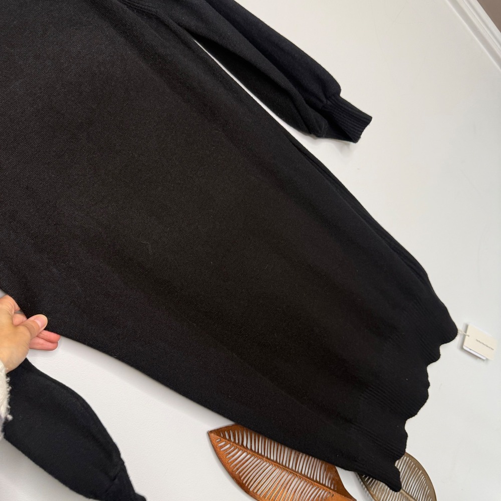 Black Turtleneck Knit Sweater Dress Gold Button Lantern Sleeve Belted Small Midi - Picture 9 of 11
